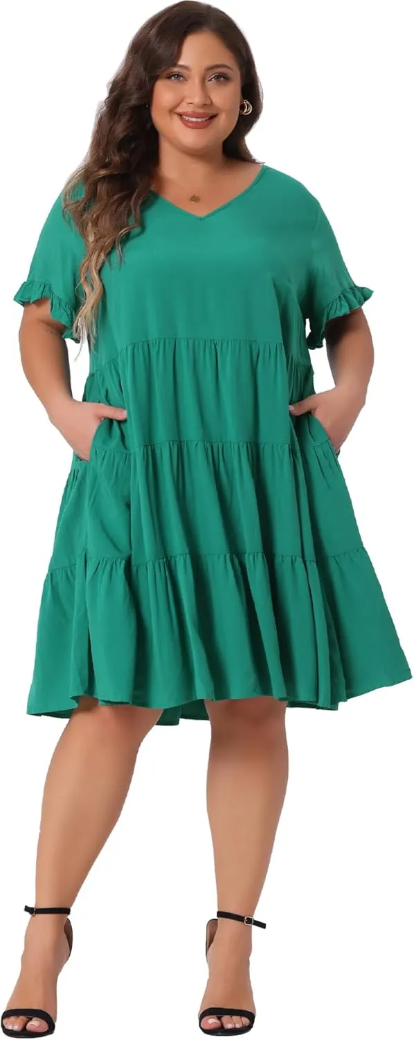 Agnes Orinda Plus Size Dresses for Women V Neck Ruffle Sleeve with Pockets Swing A Line Tiered Dress