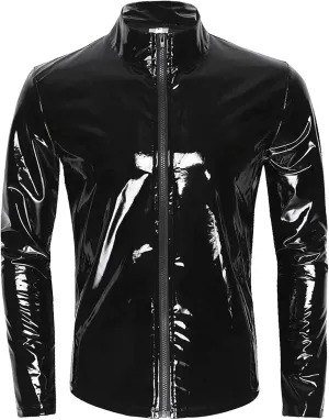 AIEOE Mens Leather Metallic Shirts Shiny Slim Fit Stretch Top Wetlook Club Party Undershirts
