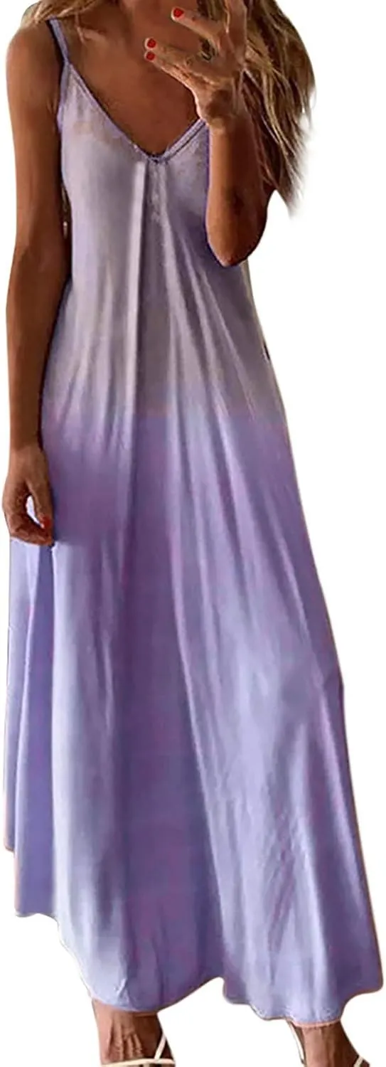 aihihe Plus Size Maxi Dresses for Women Summer Casual Dress with Pockets Tie Dye Solid Color V Neck Sleeveless Dress
