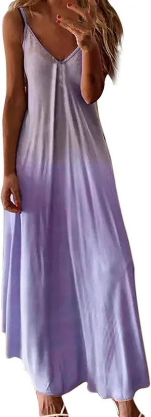 aihihe Plus Size Maxi Dresses for Women Summer Casual Dress with Pockets Tie Dye Solid Color V Neck Sleeveless Dress