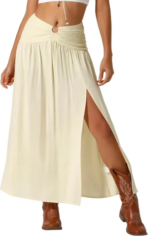 Allegra K Boho Long Skirts for Women's Bohemian Keyhole Smocked Split High Waist Summer Midi Beach Skrit