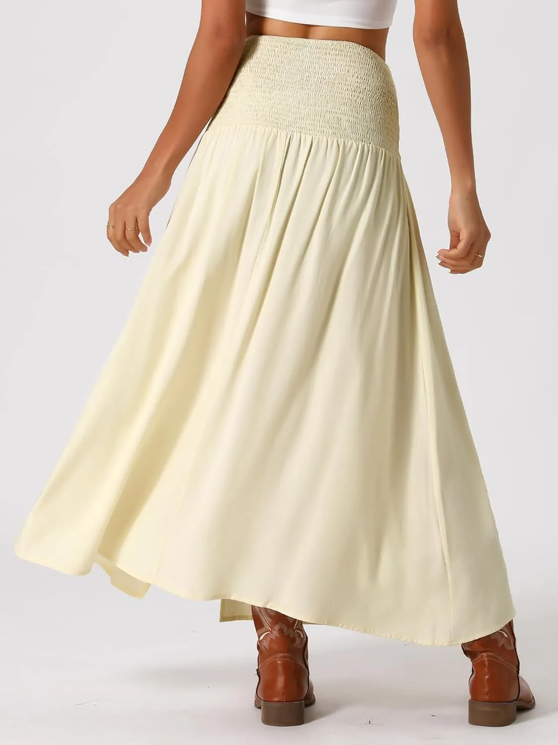 Allegra K Boho Long Skirts for Women's Bohemian Keyhole Smocked Split High Waist Summer Midi Beach Skrit