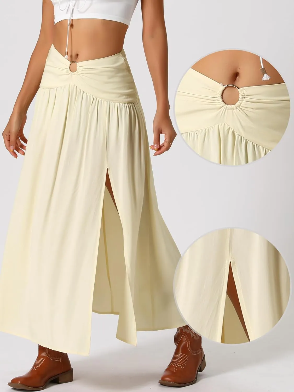 Allegra K Boho Long Skirts for Women's Bohemian Keyhole Smocked Split High Waist Summer Midi Beach Skrit
