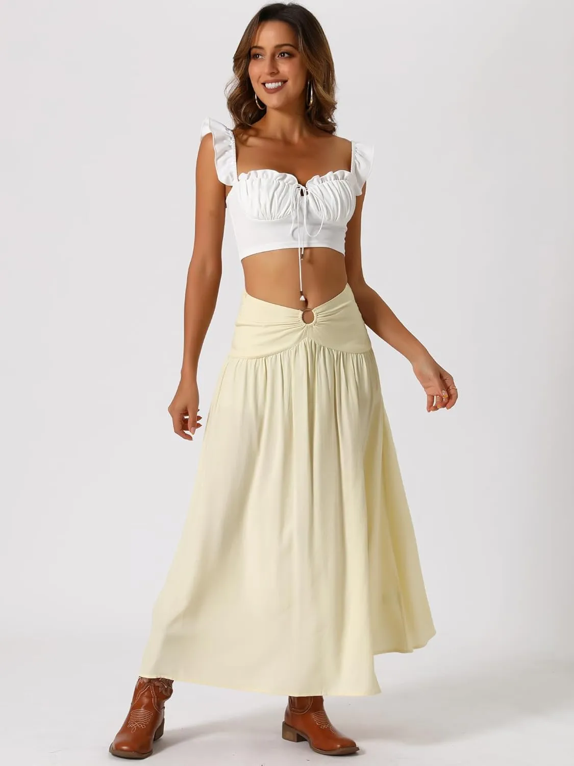 Allegra K Boho Long Skirts for Women's Bohemian Keyhole Smocked Split High Waist Summer Midi Beach Skrit