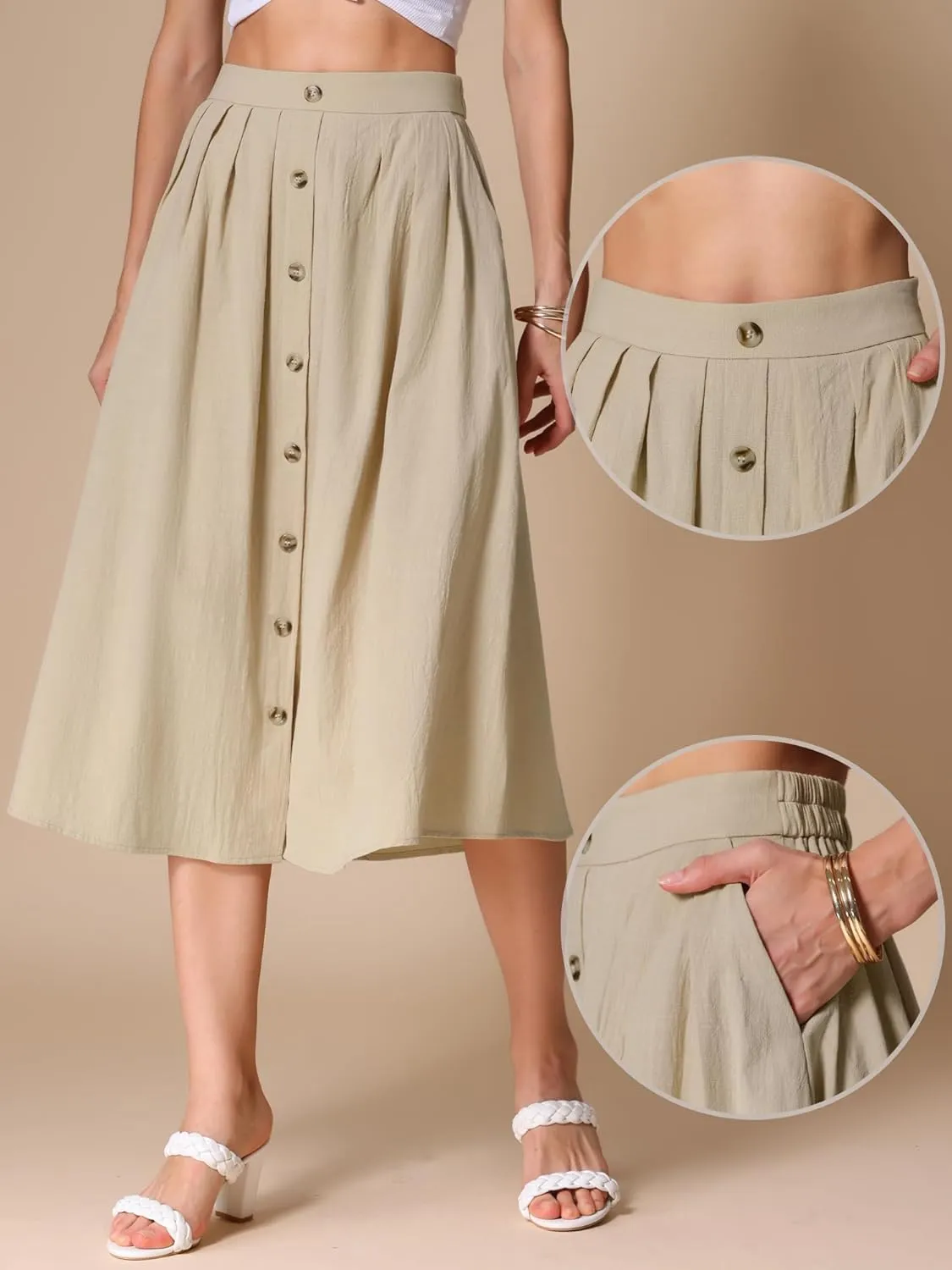 Allegra K Cotton Midi Skirt for Women's Summer Casual Button Decor Elastic Waist A-Line Skirts with Pocket