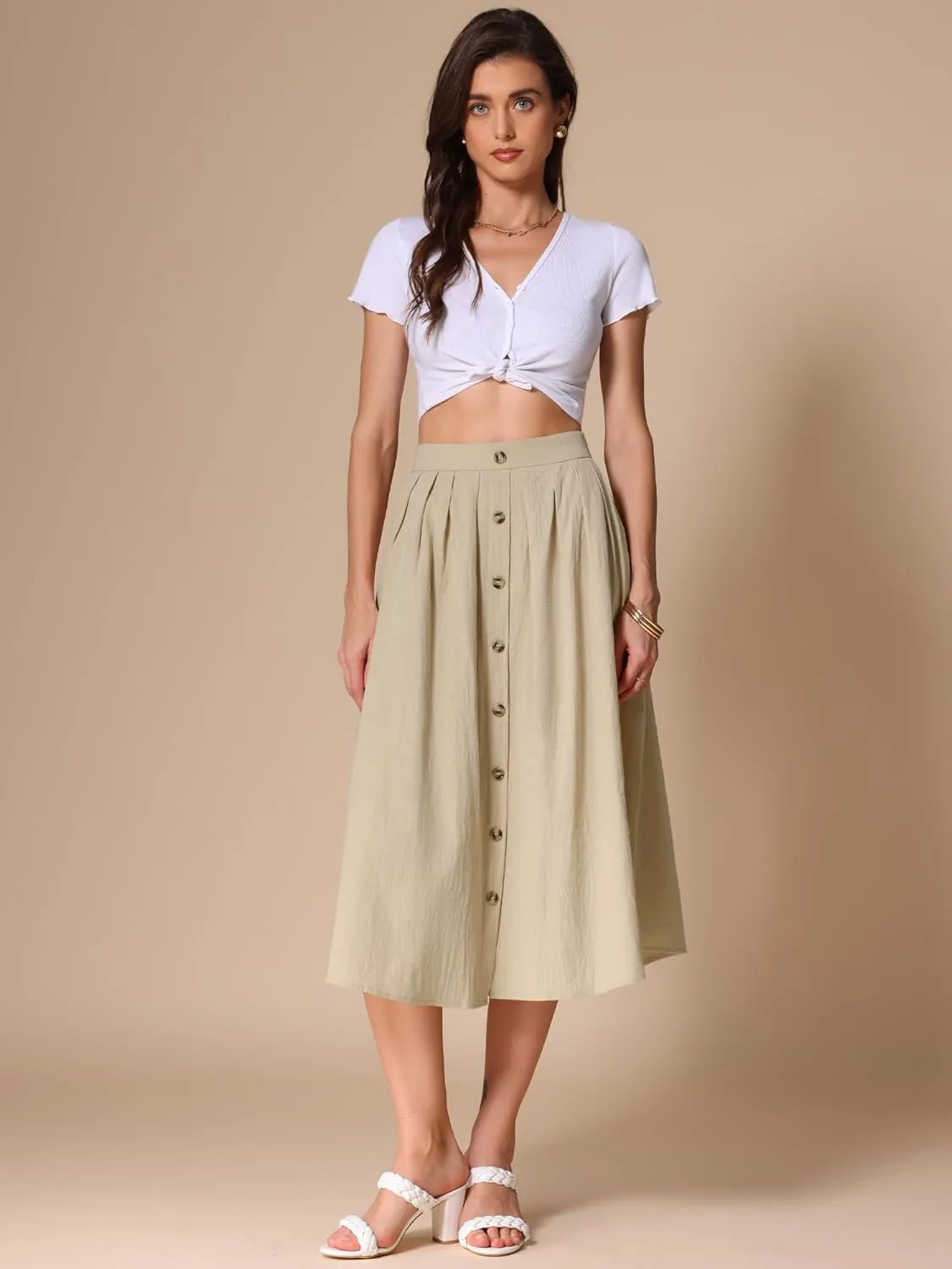 Allegra K Cotton Midi Skirt for Women's Summer Casual Button Decor Elastic Waist A-Line Skirts with Pocket