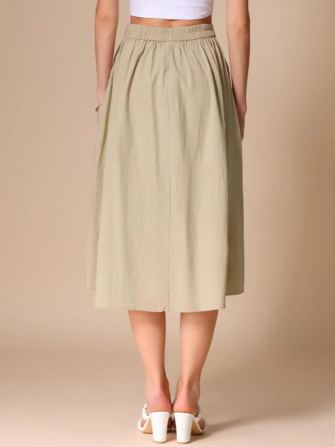 Allegra K Cotton Midi Skirt for Women's Summer Casual Button Decor Elastic Waist A-Line Skirts with Pocket