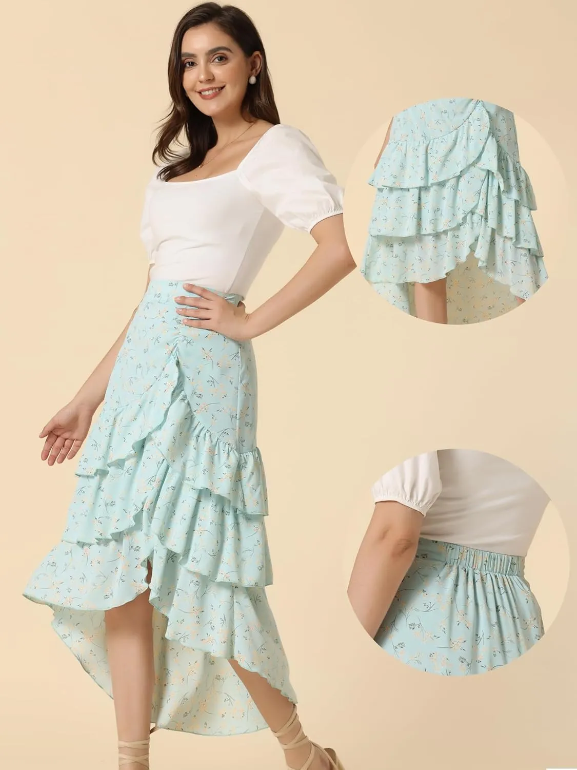 Allegra K Floral Maxi Skirts for Women's Elastic Waist Layered Ruffle High Low Hem Long Skirt