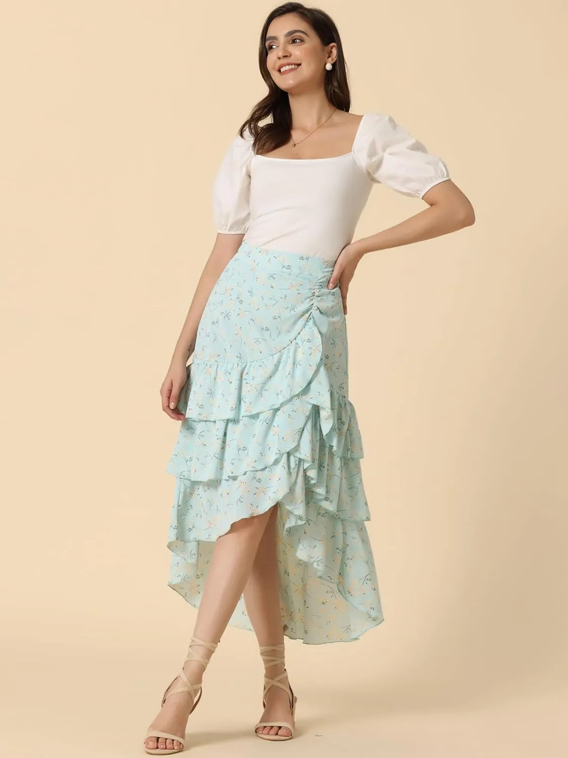 Allegra K Floral Maxi Skirts for Women's Elastic Waist Layered Ruffle High Low Hem Long Skirt