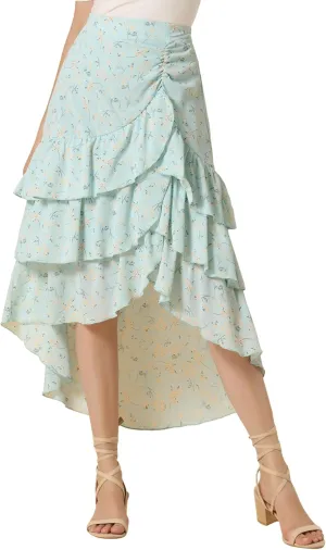 Allegra K Floral Maxi Skirts for Women's Elastic Waist Layered Ruffle High Low Hem Long Skirt
