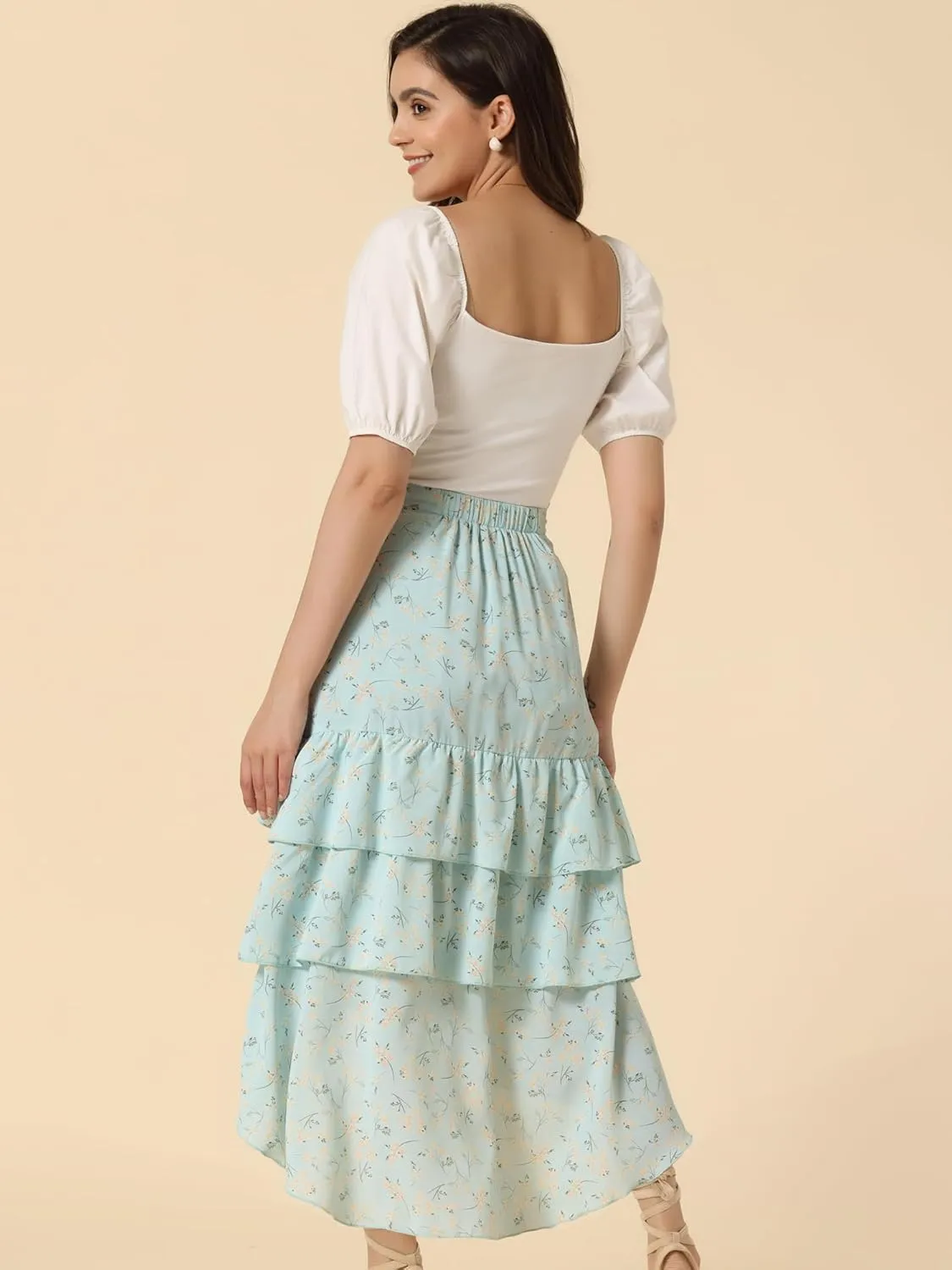 Allegra K Floral Maxi Skirts for Women's Elastic Waist Layered Ruffle High Low Hem Long Skirt