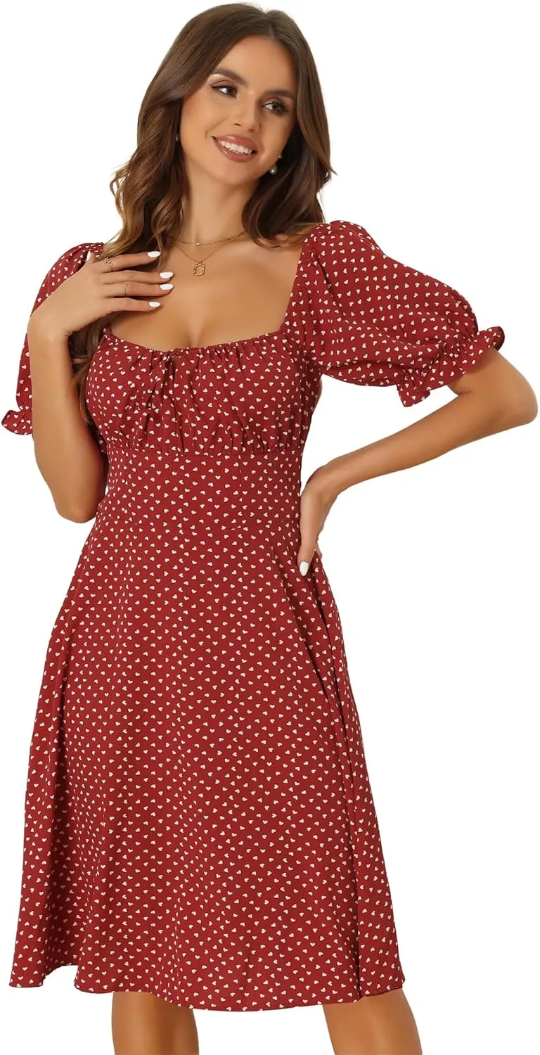 Allegra K Summer Dress for Women's Heart Print Smocked Puff Sleeve Drawstring Sweethear Neckline Midi Dress