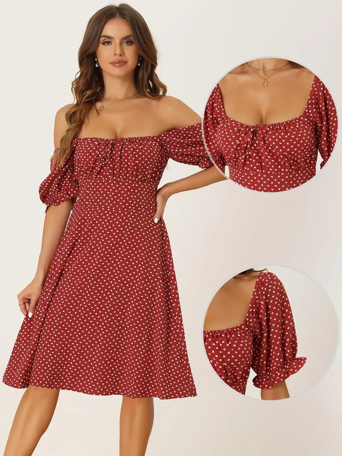 Allegra K Summer Dress for Women's Heart Print Smocked Puff Sleeve Drawstring Sweethear Neckline Midi Dress