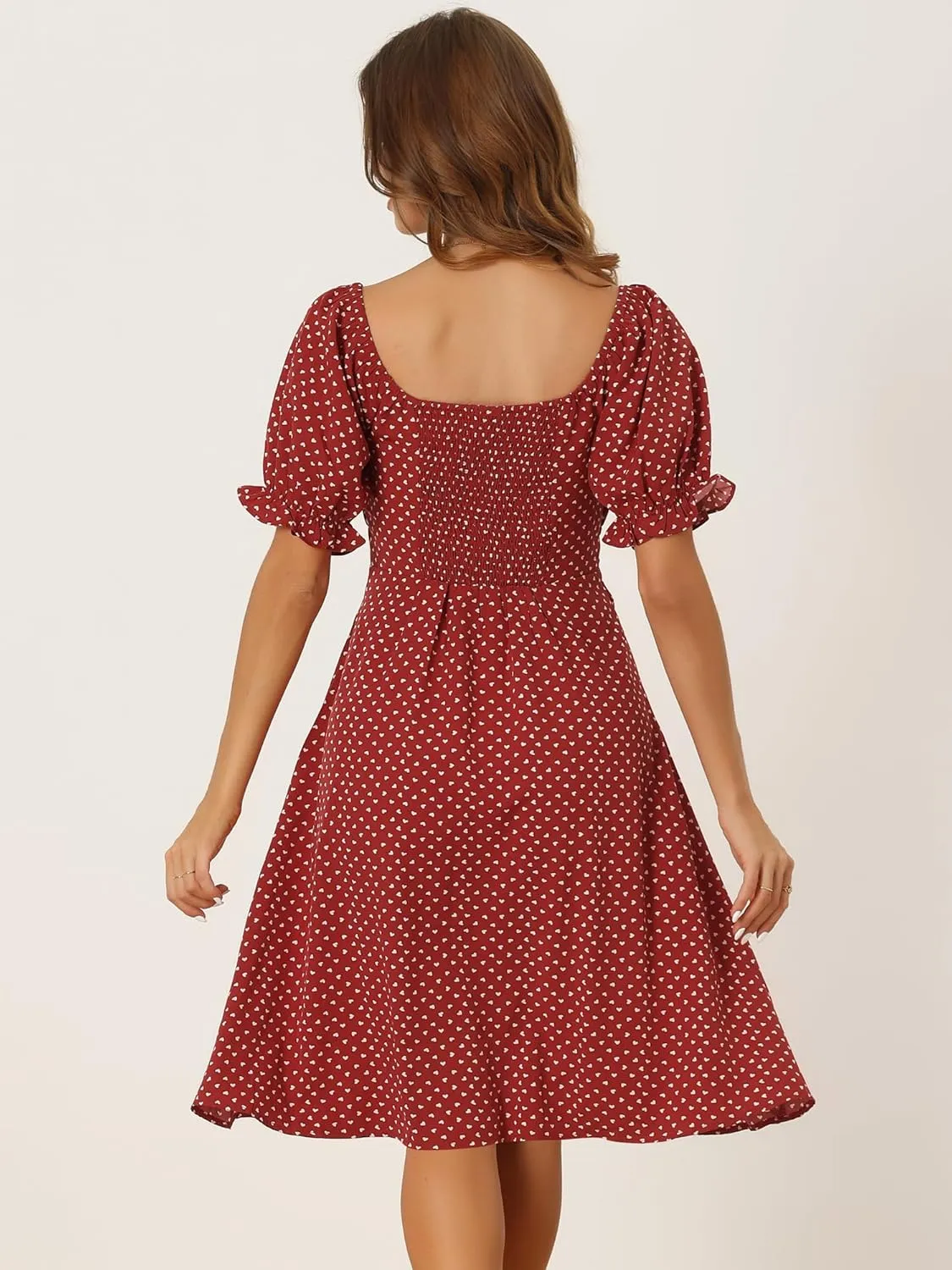 Allegra K Summer Dress for Women's Heart Print Smocked Puff Sleeve Drawstring Sweethear Neckline Midi Dress