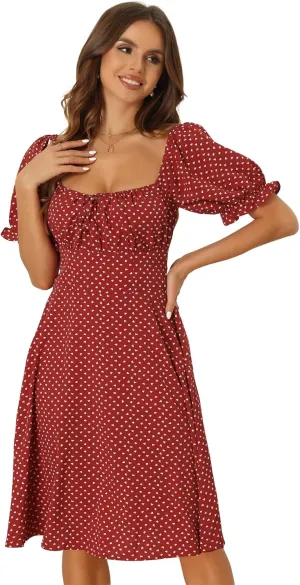 Allegra K Summer Dress for Women's Heart Print Smocked Puff Sleeve Drawstring Sweethear Neckline Midi Dress