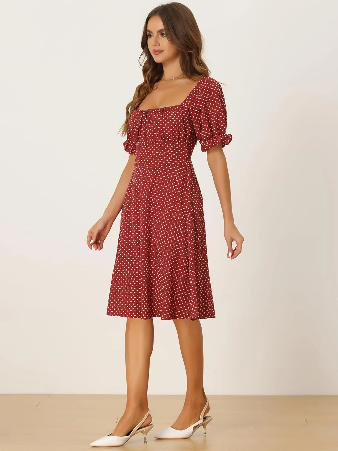 Allegra K Summer Dress for Women's Heart Print Smocked Puff Sleeve Drawstring Sweethear Neckline Midi Dress