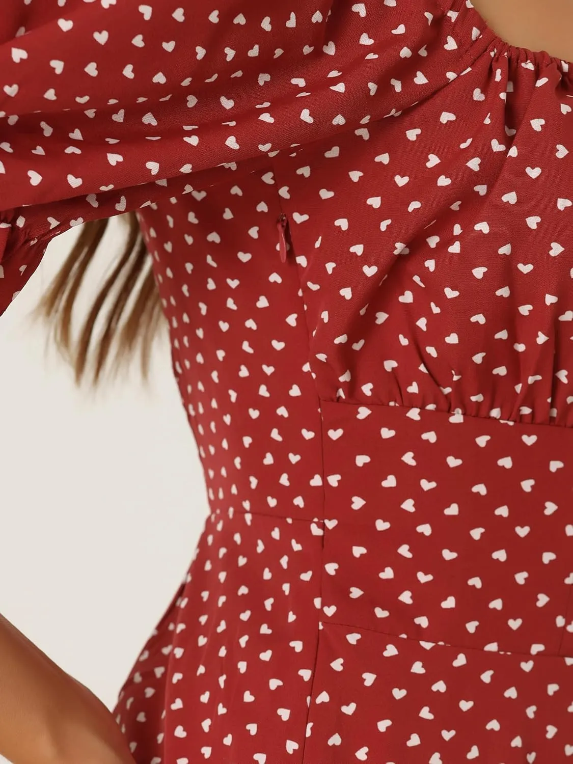 Allegra K Summer Dress for Women's Heart Print Smocked Puff Sleeve Drawstring Sweethear Neckline Midi Dress