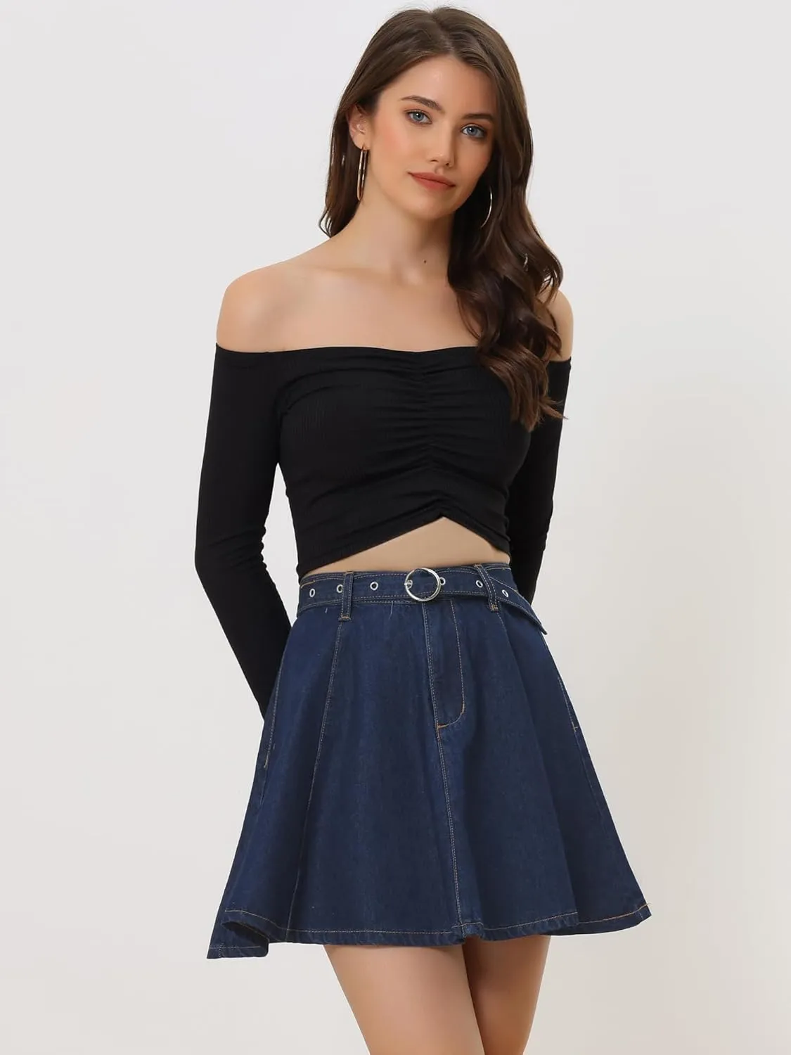 Allegra K Women's Casual Denim Skirt High Waist A-Line Flared Mini Jean Skirts with Belt