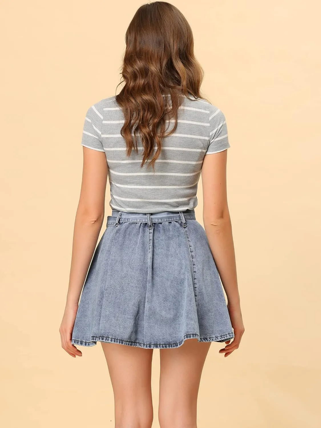 Allegra K Women's Casual Denim Skirt High Waist A-Line Flared Mini Jean Skirts with Belt