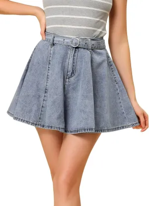 Allegra K Women's Casual Denim Skirt High Waist A-Line Flared Mini Jean Skirts with Belt
