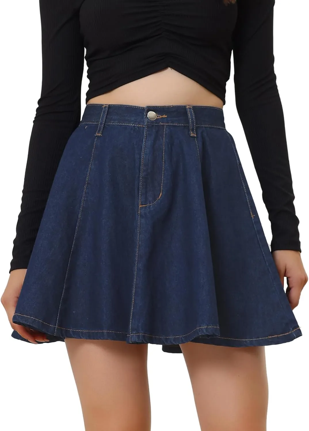 Allegra K Women's Casual Denim Skirt High Waist A-Line Flared Mini Jean Skirts with Belt