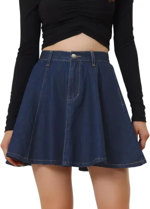 Allegra K Women's Casual Denim Skirt High Waist A-Line Flared Mini Jean Skirts with Belt