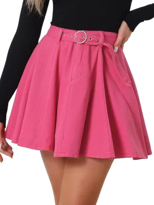 Allegra K Women's Casual Denim Skirt High Waist A-Line Flared Mini Jean Skirts with Belt