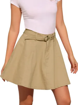 Allegra K Women's Casual Denim Skirt High Waist A-Line Flared Mini Jean Skirts with Belt