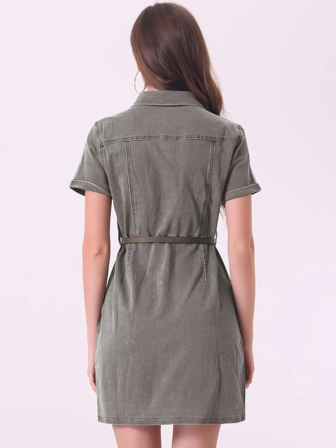 Allegra K Women's Denim Shirt Dress Collar Short Sleeve Belted Button Up Jean Dresses