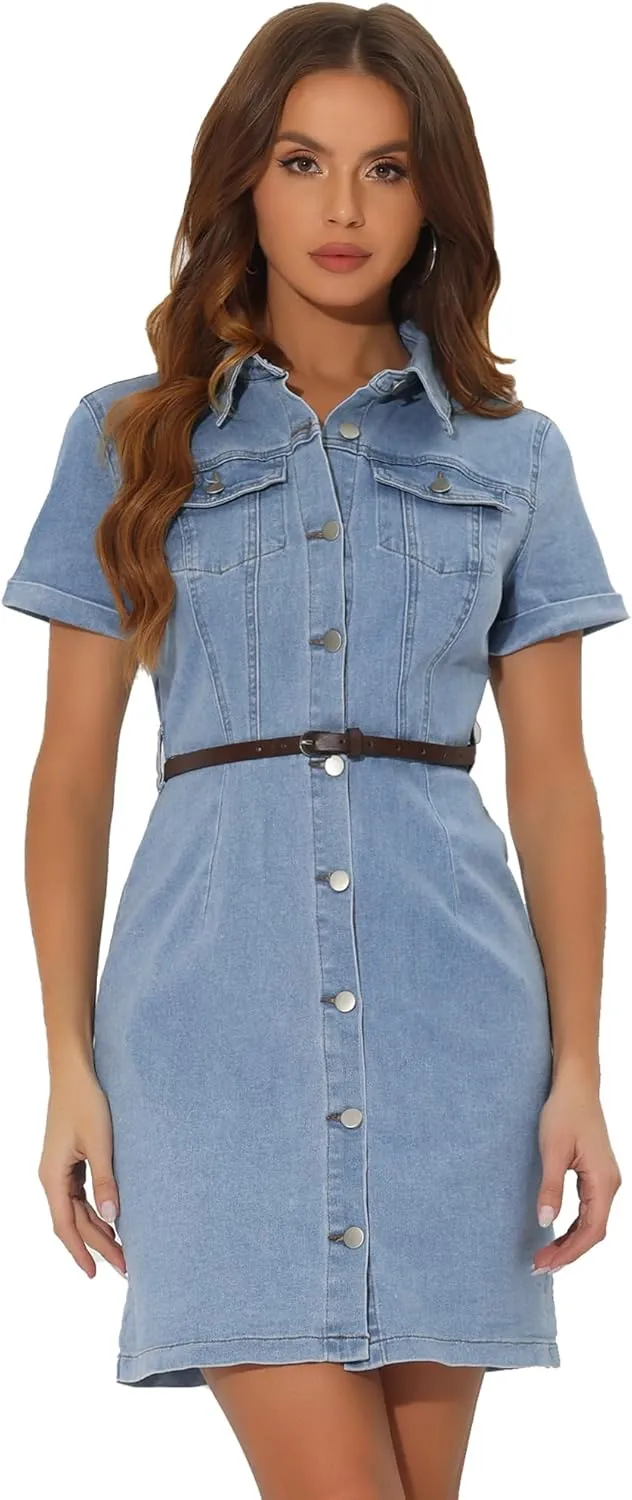 Allegra K Women's Denim Shirt Dress Collar Short Sleeve Belted Button Up Jean Dresses