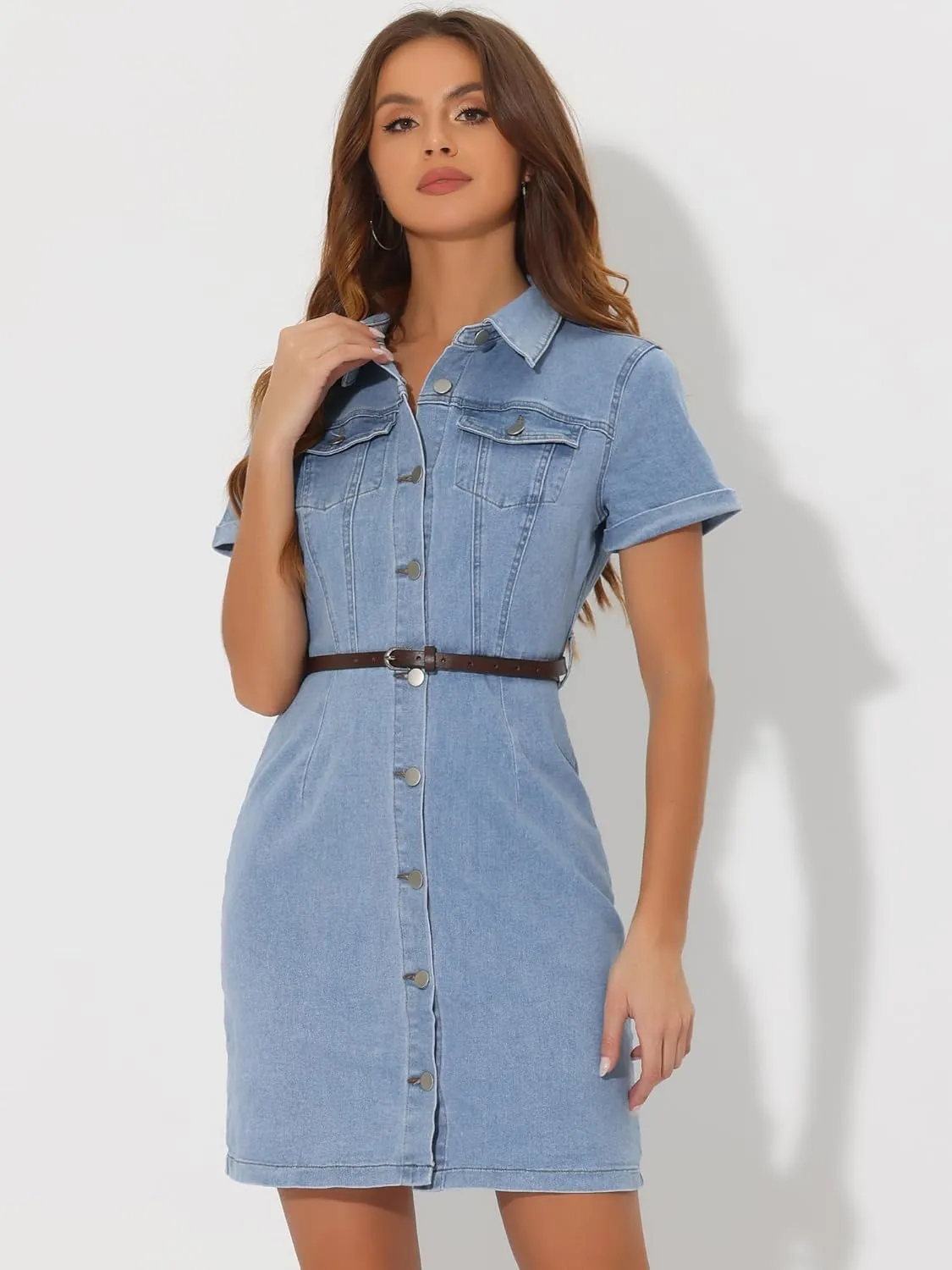Allegra K Women's Denim Shirt Dress Collar Short Sleeve Belted Button Up Jean Dresses