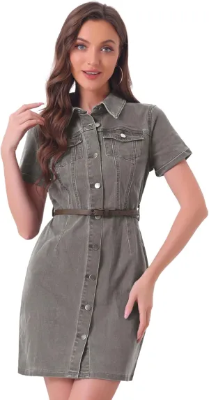Allegra K Women's Denim Shirt Dress Collar Short Sleeve Belted Button Up Jean Dresses