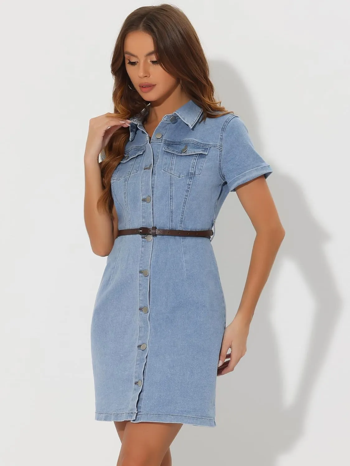 Allegra K Women's Denim Shirt Dress Collar Short Sleeve Belted Button Up Jean Dresses