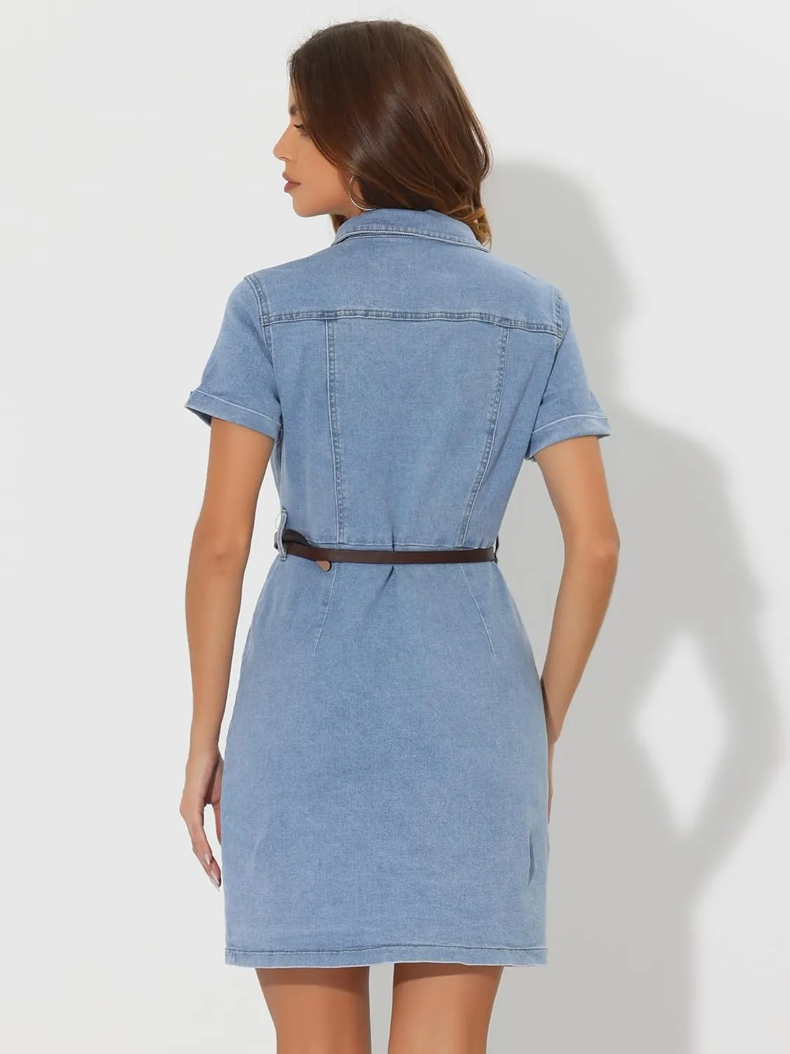 Allegra K Women's Denim Shirt Dress Collar Short Sleeve Belted Button Up Jean Dresses