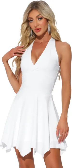 Allegra K Women's Halter Deep V Neck Sleeveless Backless Skater Mini Dress