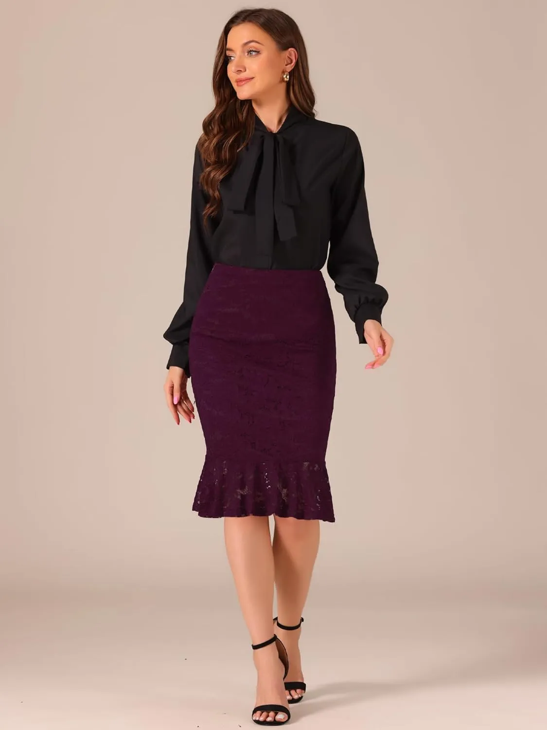Allegra K Women's Lace Skirts Elegant Casual Work Office Skirt Knee Length Bodycon Fishtail Lace Pencil Skirt