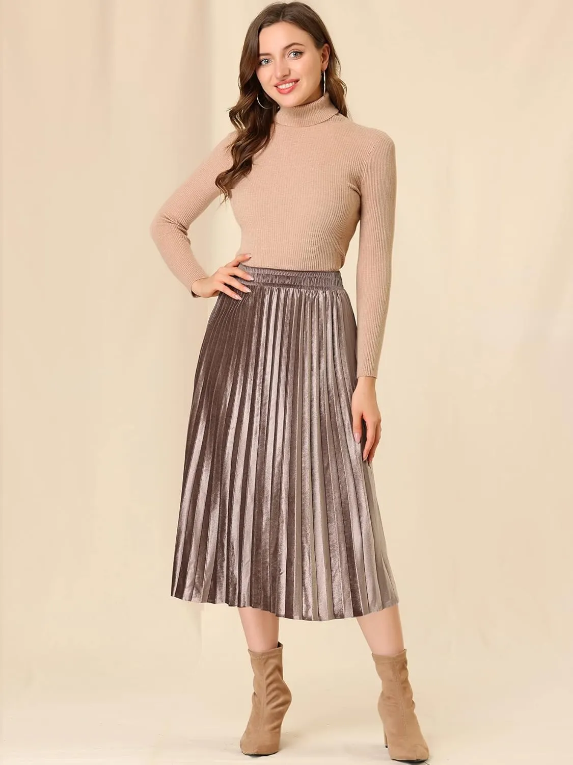 Allegra K Women's Metallic Accordion Swing Midi Pleated Skirt