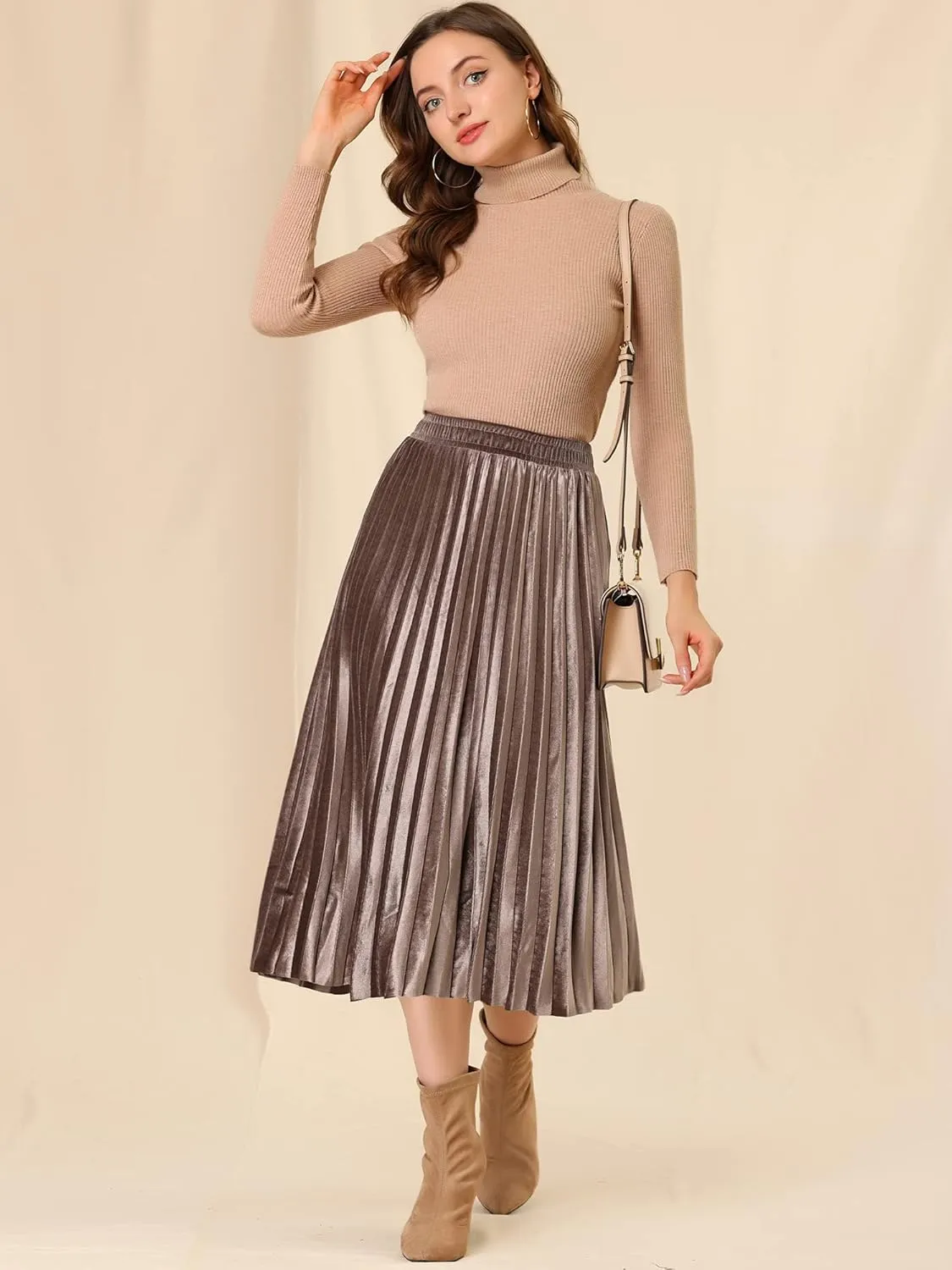 Allegra K Women's Metallic Accordion Swing Midi Pleated Skirt