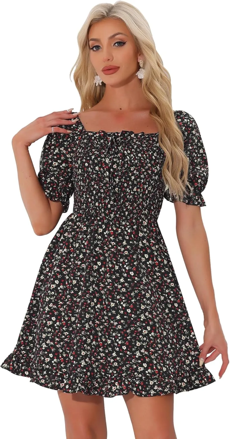 Allegra K Women's Puff Sleeve Square Neck Ruffled Hem Floral Smocked Dress