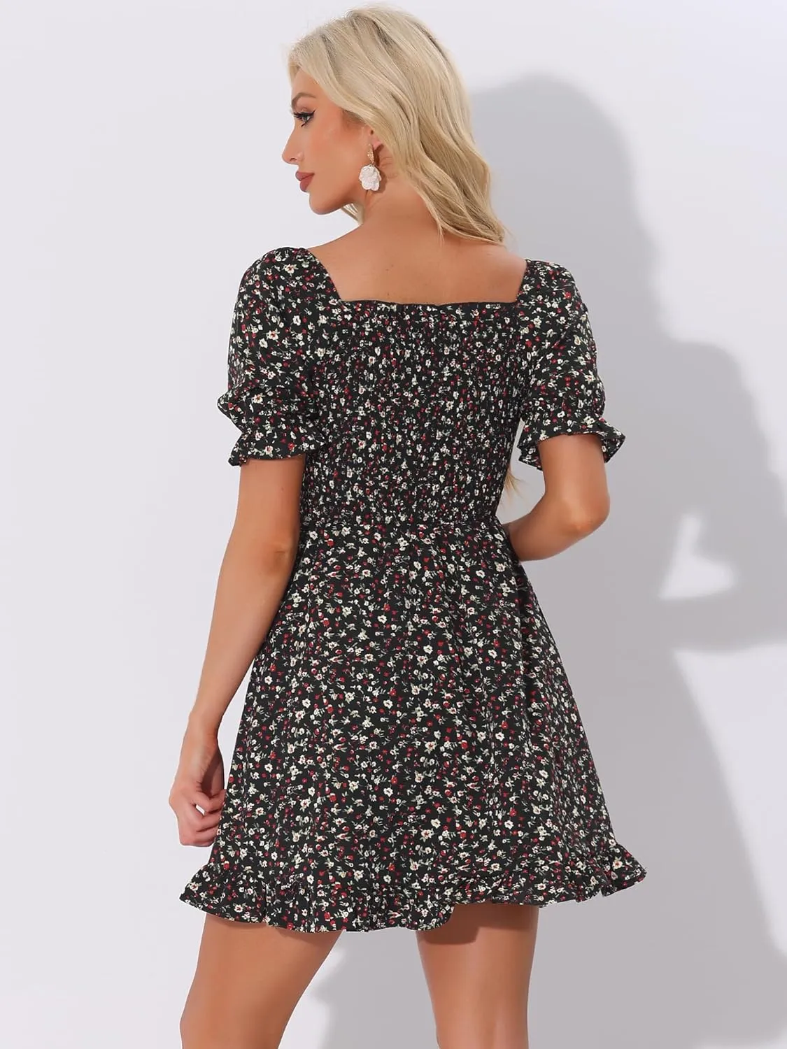 Allegra K Women's Puff Sleeve Square Neck Ruffled Hem Floral Smocked Dress