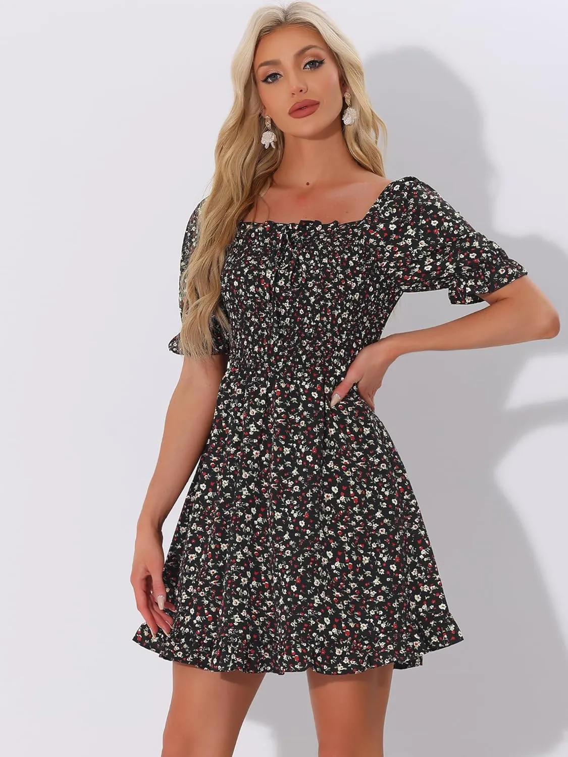 Allegra K Women's Puff Sleeve Square Neck Ruffled Hem Floral Smocked Dress