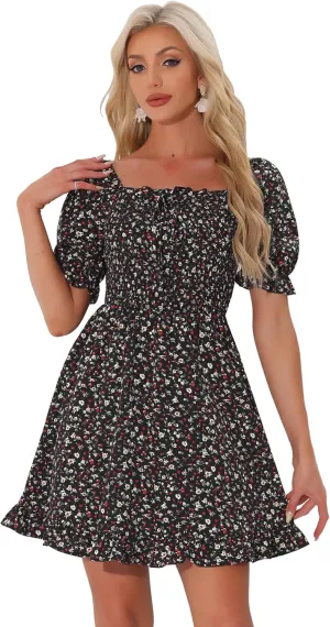 Allegra K Women's Puff Sleeve Square Neck Ruffled Hem Floral Smocked Dress