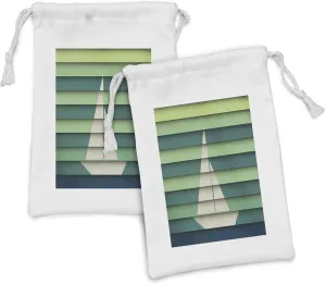 Ambesonne Marine Fabric Pouch Set of 2, Paper Boat Design on Horizontal Stripes Colorful Composition Nautical, Small Drawstring Bag for Toiletries Masks and Favors, 9" x 6", Pale Green Teal