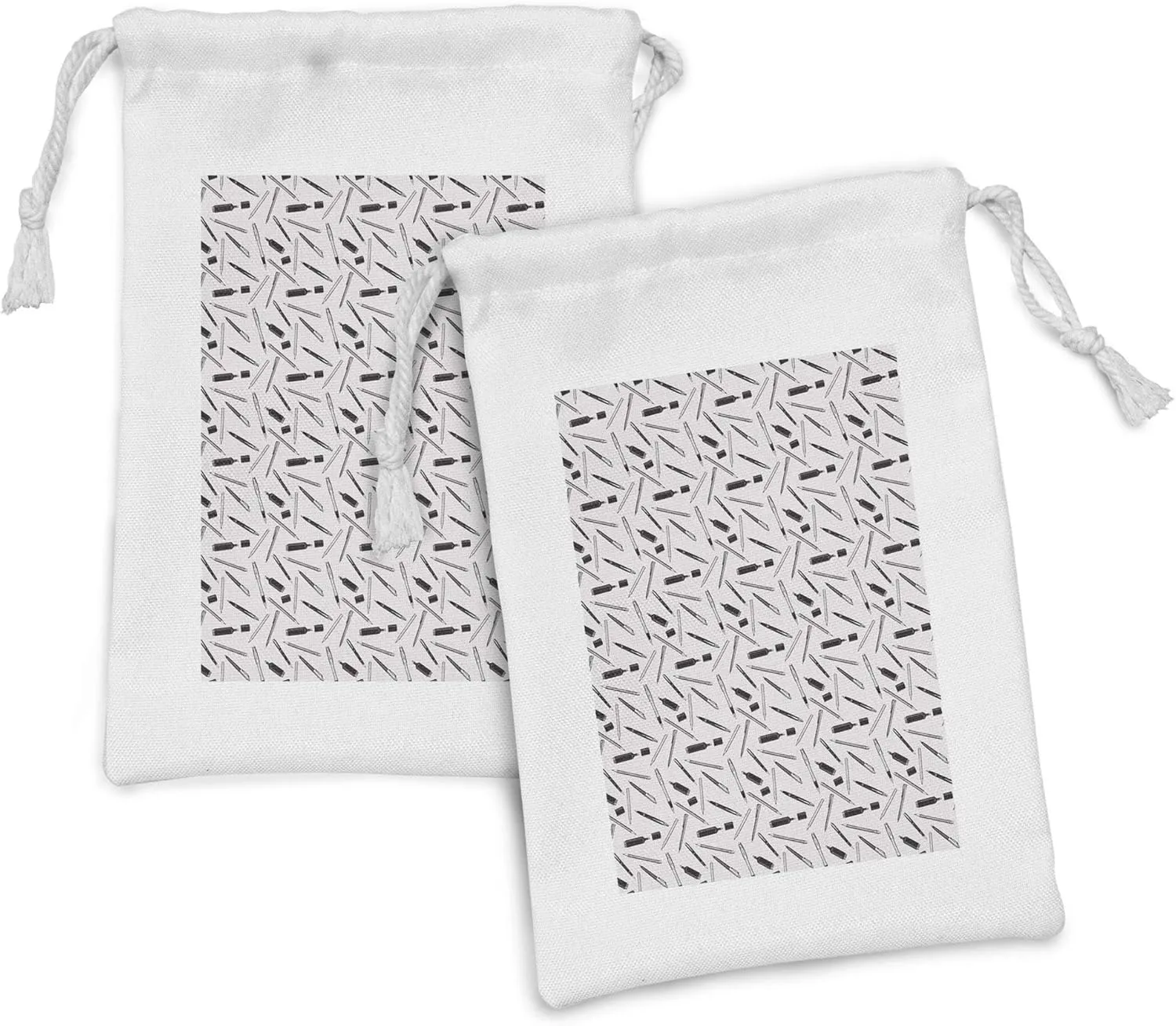 Ambesonne Pen Fabric Pouch Set of 2, Office and Themed Pencil Pen and Marker Drawing on Tiled Paper Background Image, Small Drawstring Bag for Toiletries Masks and Favors, 9" x 6", Black White