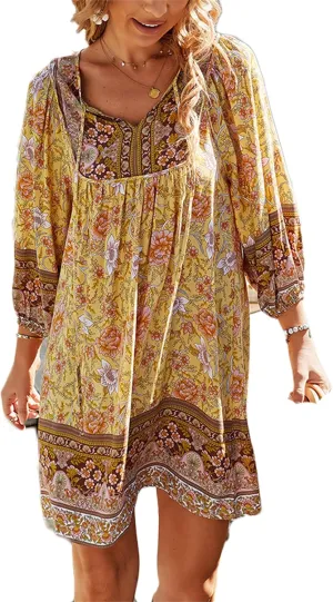 Andongnywell Womens Casual V Neck 3/4 Sleeve Boho Floral Printed Loose Short Mini Summer Ruffle Swing A Line Beach Dress