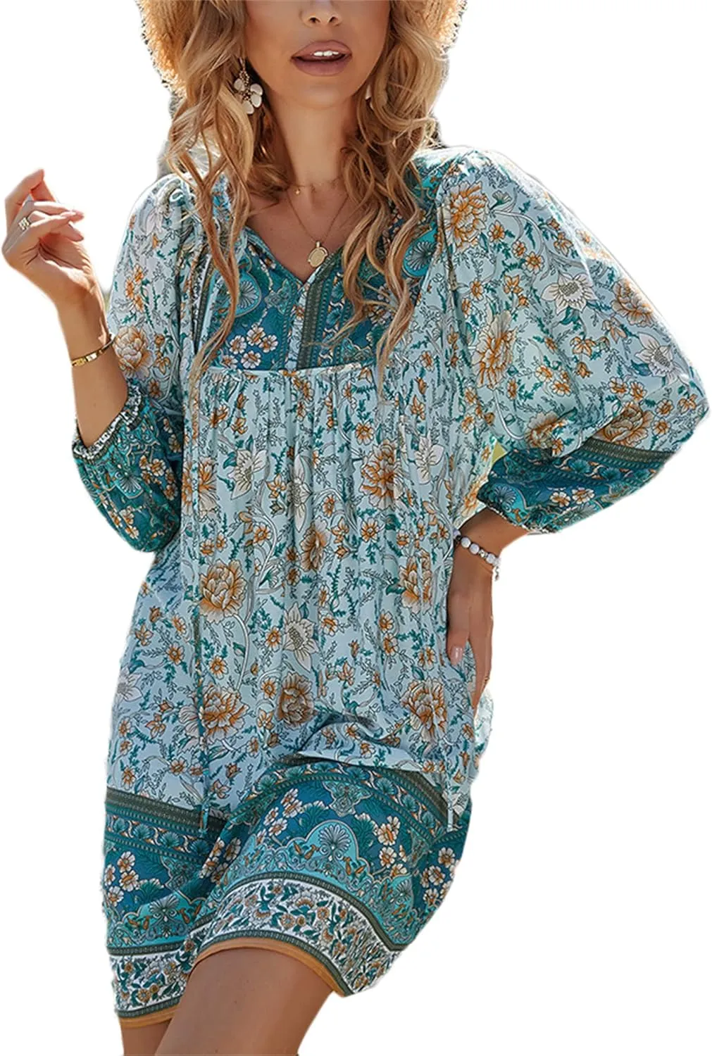 Andongnywell Womens Casual V Neck 3/4 Sleeve Boho Floral Printed Loose Short Mini Summer Ruffle Swing A Line Beach Dress
