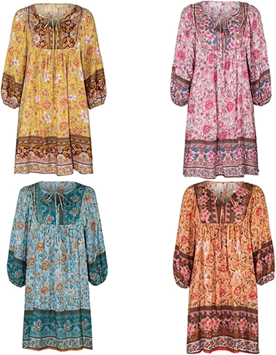 Andongnywell Womens Casual V Neck 3/4 Sleeve Boho Floral Printed Loose Short Mini Summer Ruffle Swing A Line Beach Dress
