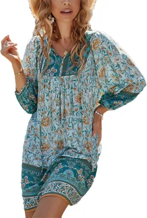 Andongnywell Womens Casual V Neck 3/4 Sleeve Boho Floral Printed Loose Short Mini Summer Ruffle Swing A Line Beach Dress