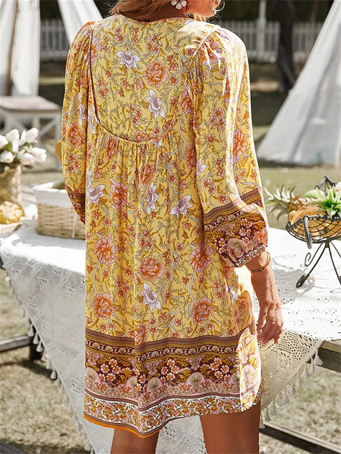 Andongnywell Womens Casual V Neck 3/4 Sleeve Boho Floral Printed Loose Short Mini Summer Ruffle Swing A Line Beach Dress