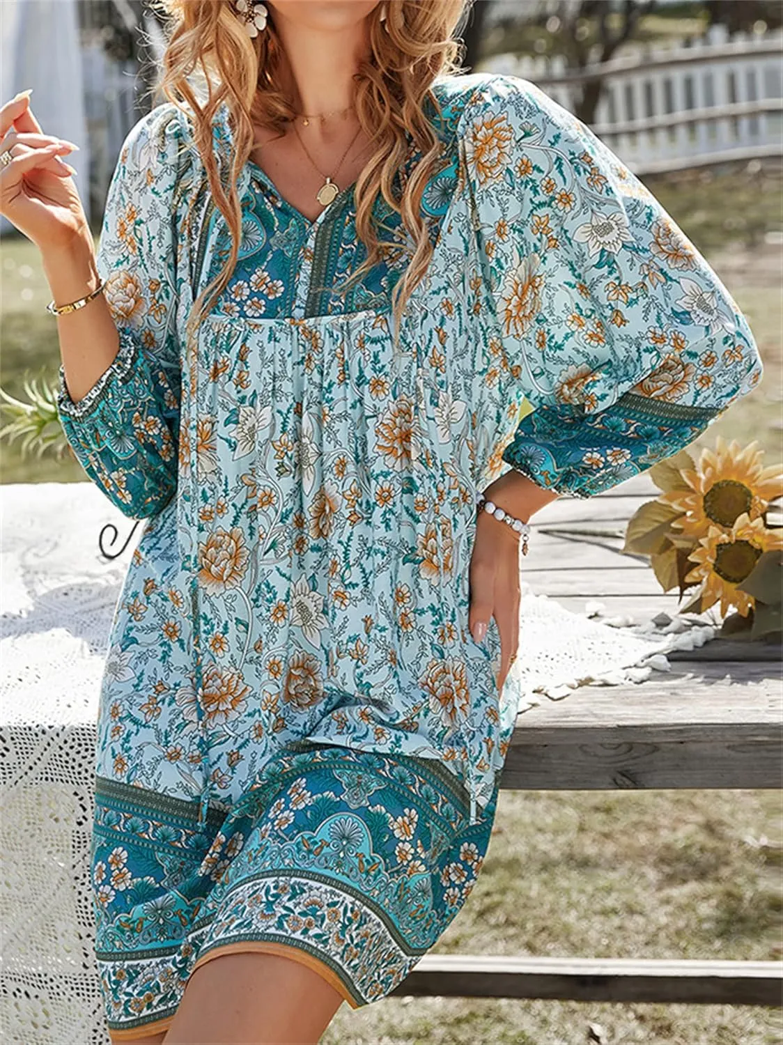 Andongnywell Womens Casual V Neck 3/4 Sleeve Boho Floral Printed Loose Short Mini Summer Ruffle Swing A Line Beach Dress